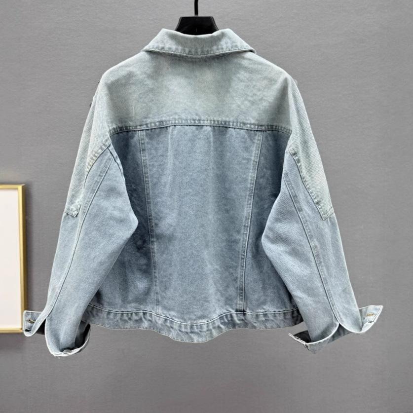 Heavy Industry Sequined Denim Jacket Women's Spring New Loose and Thin European Lapel Long-sleeved Jacket Trendy Brand