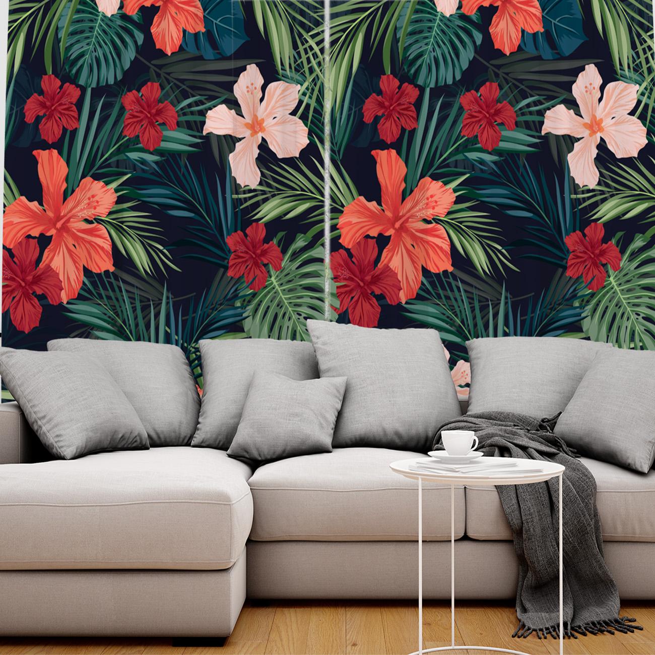 Цветочный узор Растение Темные джунгли Пальма Яркие шторы на окна Живописные шторы — фото 6