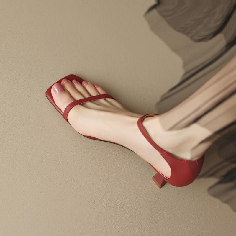New women's one-word sandals women's square head comfortable beef tendon soft sole large size summer sandals women's leather medium heel solid color