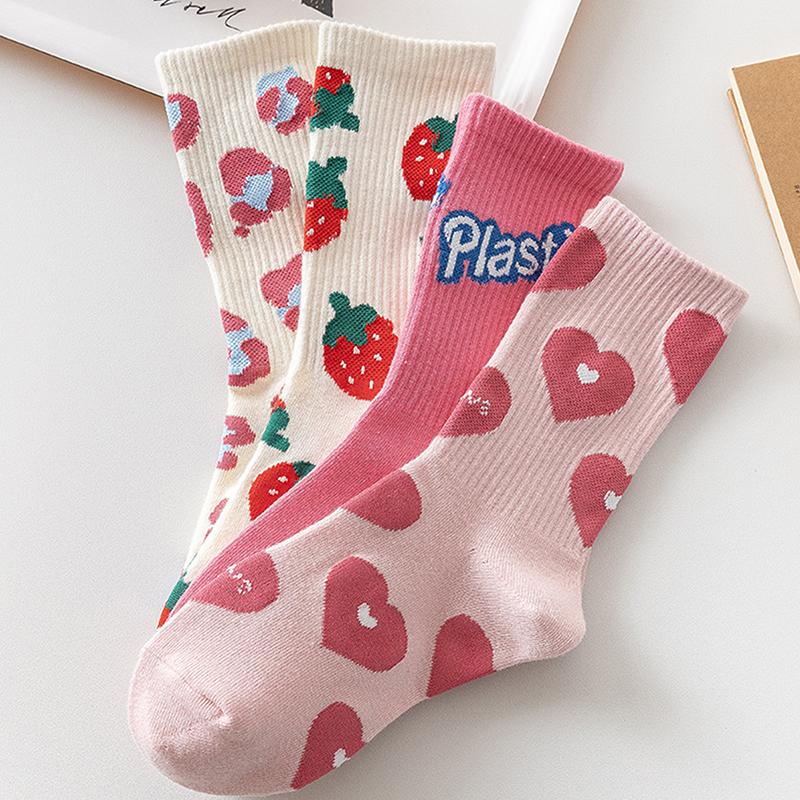 Cute Harajuku Strawberry Love Sweet Socks Middle Tube Breathable  Autumn And Winter Casual Socks