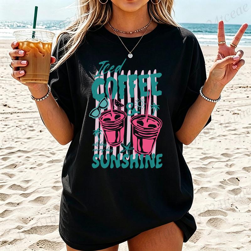 Summer New Fashion T-Shirts Coffee Graphic Women's T-Shirt Sunshine Beach Graphic Clothing Cute Drink Aesthetic Women Tee Tops