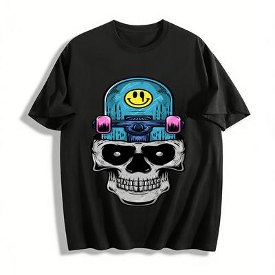 Vintage Skateboard Skull Print Cool Casual Short Sleeve Pure Cotton T-shirt