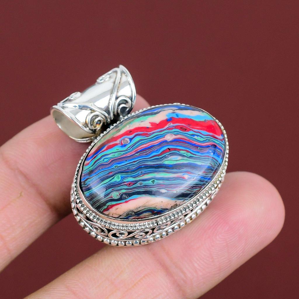 Rainbow Calsilica Pendant Real Gemstone Pendant 925 Sterling Silver Pendant Rainbow Calsilica Jewelry Handmade Vintage Pendant Gifts For Mom