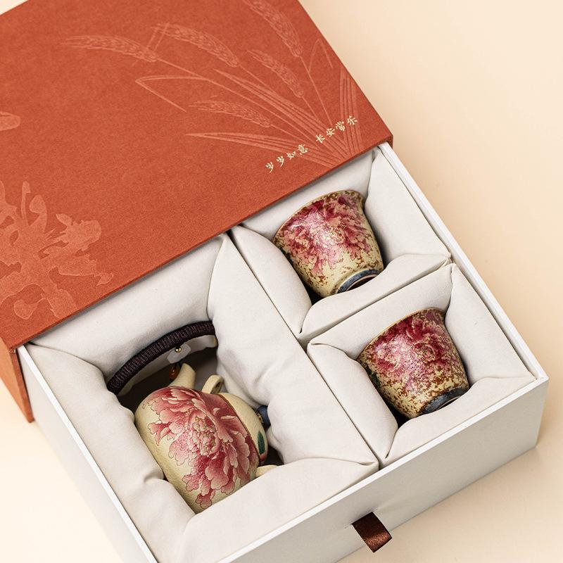 Kiln Blue White Flint Red Peony Loop Handle Teapot Set with Cups Ceramic Gongfu Tea Set Handmade Chinese Gift for Home Office