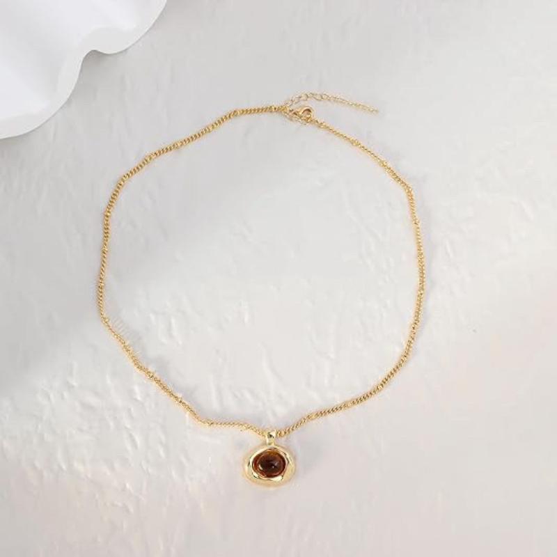 Tiger's Eye Stone Necklace Female, Premium Sweater Chain Maillard Style Collarbone Chain, Amber Necklace