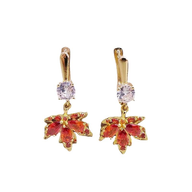 Luxurious Red Zircon Maple Leaf Drop Earrings for Women Fashion Gold Color Earring INS Jewelry Party Accessories