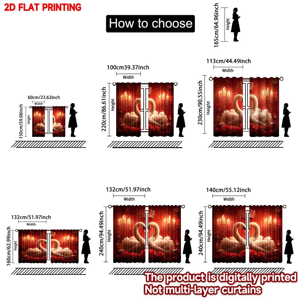 Set Of 2 Flat Printing Happy Valentine Day Window Curtains Swan Love Digital Printed Polyester Drapes All Season Party Made