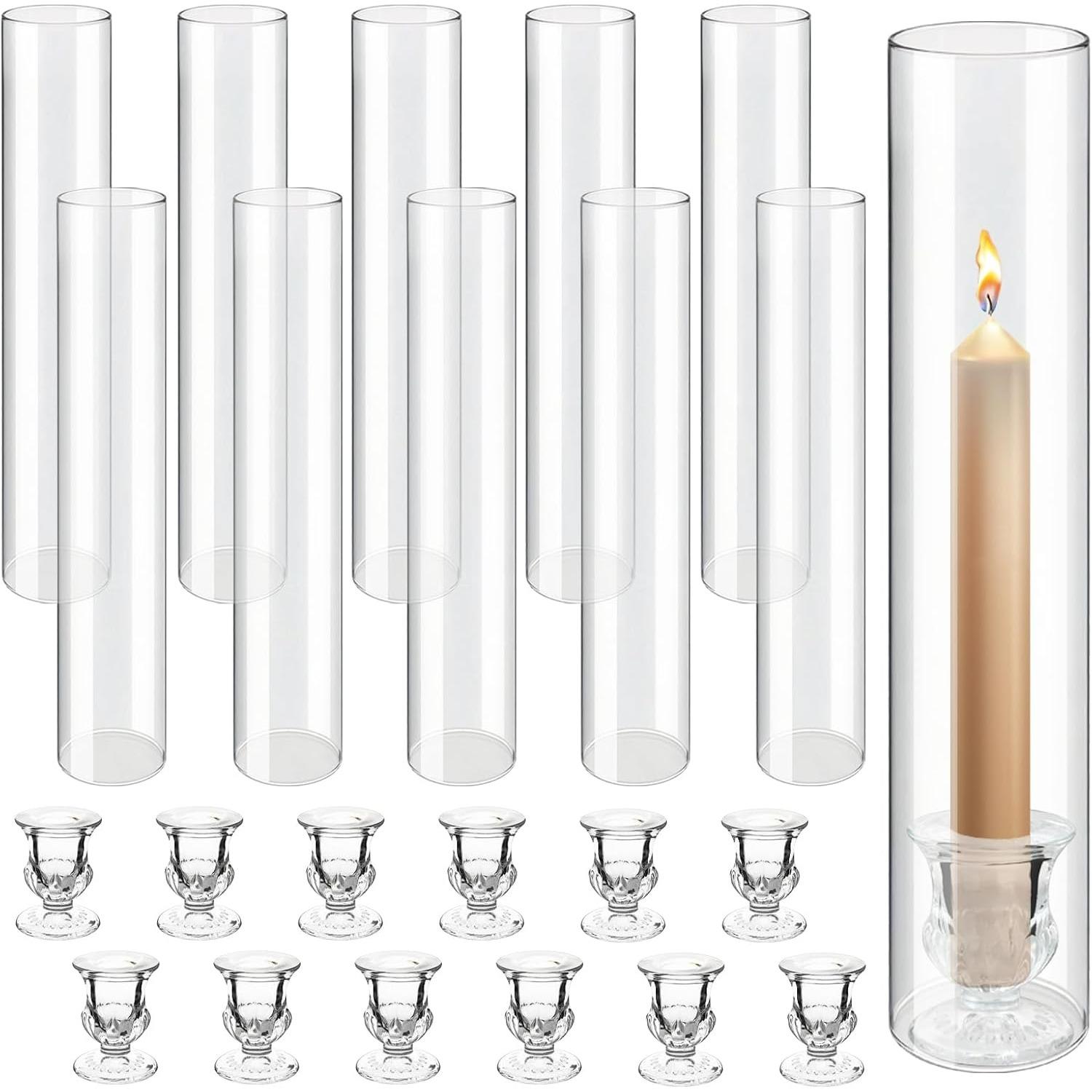 Glass Hurricane Candle Holders - Clear Tall Cylinder Candle Holder Chimney Tube with Holder for Wedding, Christmas Table Decor 12-Pack