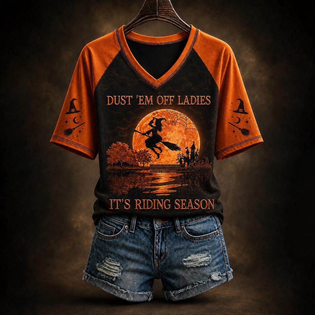 Women's Casual V-Neck Short Sleeve Halloween Print T-Shirt with Raglan Sleeves