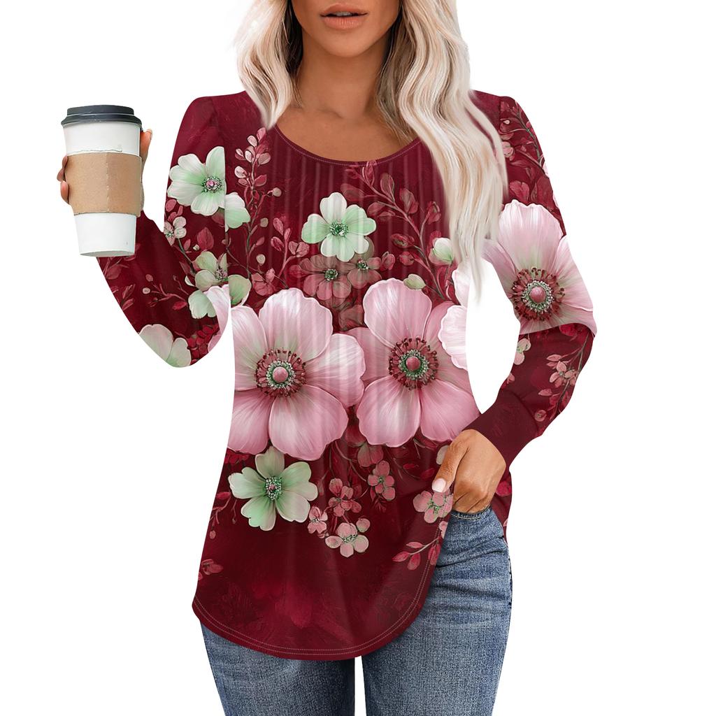 Damenmode Lässig Plissiert Rundhals Vintage Blumendruck Langarm T-Shirt Top