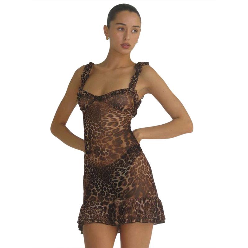 Women's New Summer Leopard Print V-neck Sexy Backless Mesh Cami Dress