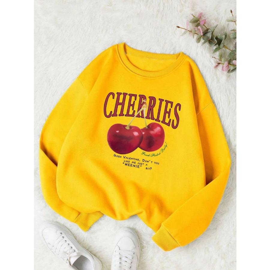 Fashion Womens Sweatshirt Fresh Red Cherries Printing Pullover Crewneck Fleece Soft Breathable Hoodie Autumn Female Streetwear