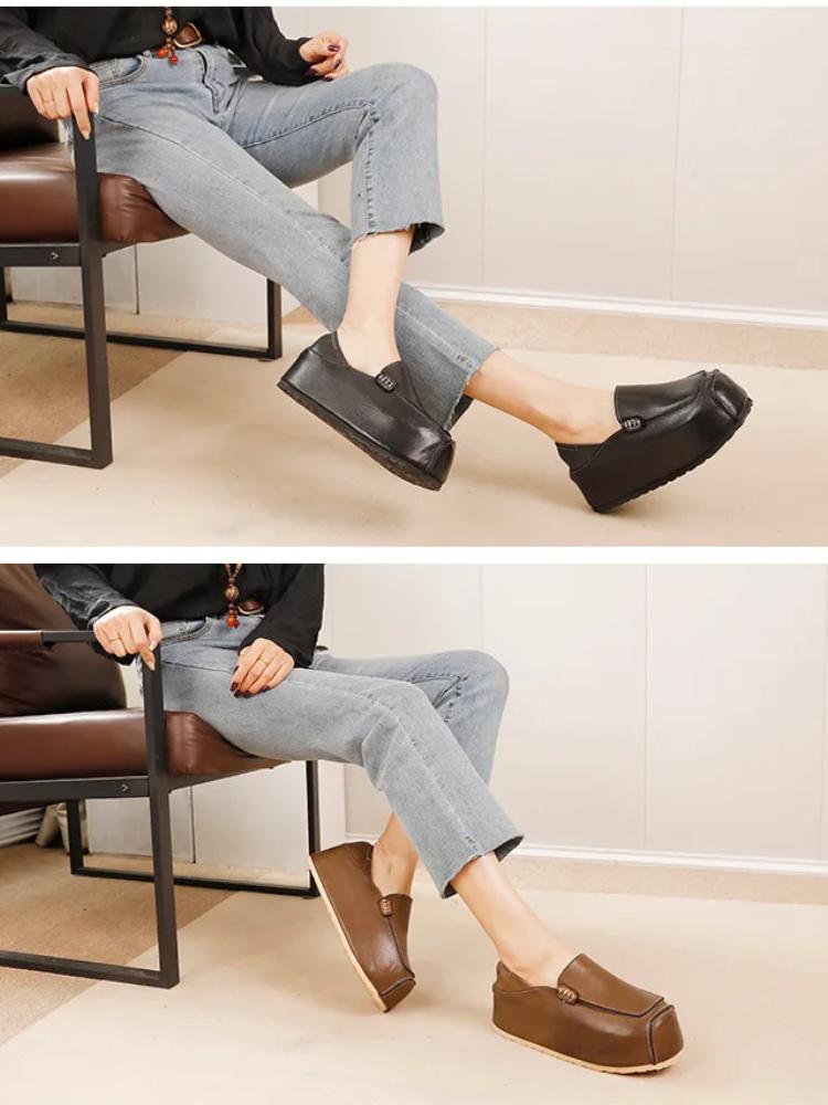 Johnature Genuine Leather Invisible Height Increasing Shoes Retro Handmade Flat Platform Shoes