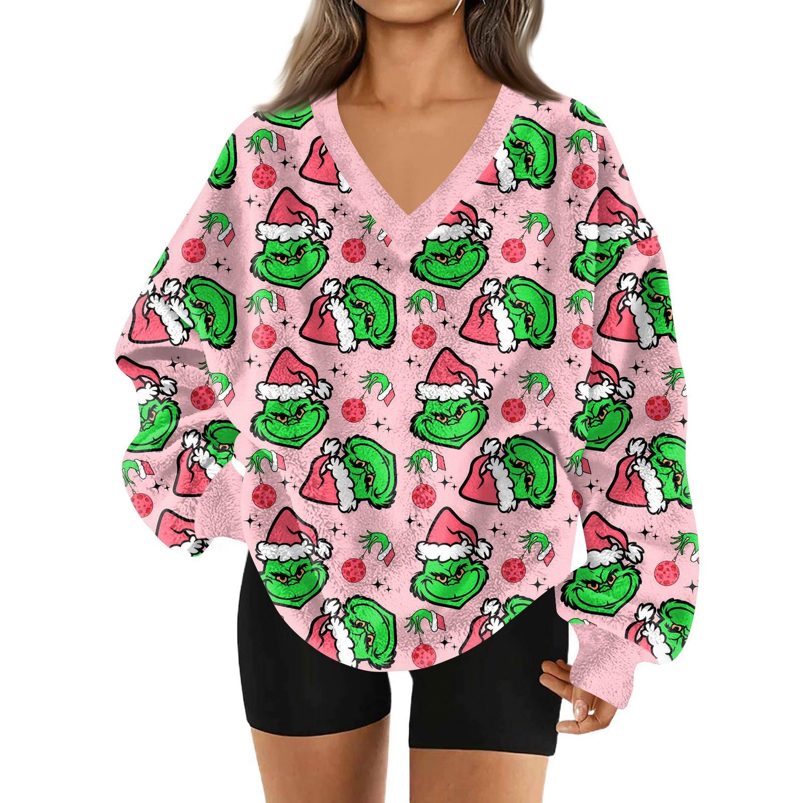 

Женский модный пуловер с V-образным вырезом, рождественским принтом, длинным рукавом, повседневный, плюшевый, теплый, с карманом, толстовка, топ XXXL розовый