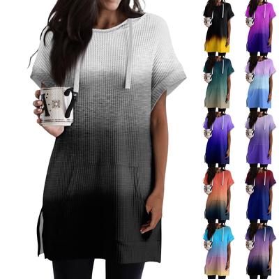 Γυναικεία φαρδιά πουκάμισα με εμπριμέ κοντομάνικο κορδόνι με κουκούλα πλεκτό στο πλάι με κουκούλα πουκάμισο με κουκούλα και τσέπη