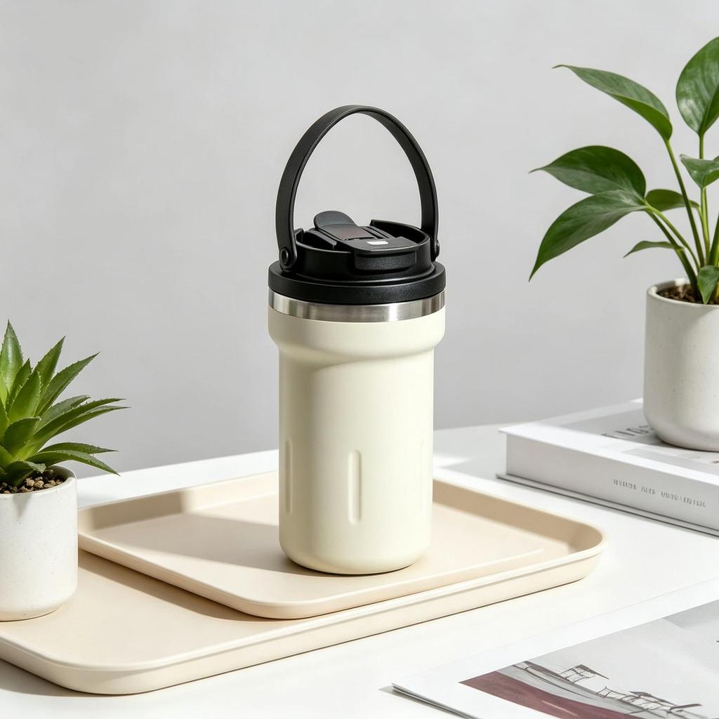 Portable Stainless Steel Double-Walled Coffee Thermos with Handle and Straw