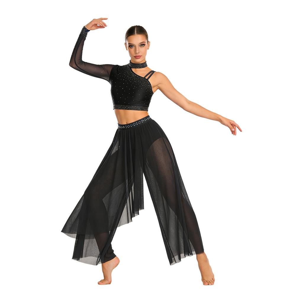 Damen Lyrisches Tanz Performance Set S-XXL: Asymmetrisches Crop-Top mit einem Ärmel, Strasssteinen & locker sitzende Überwurfhose
