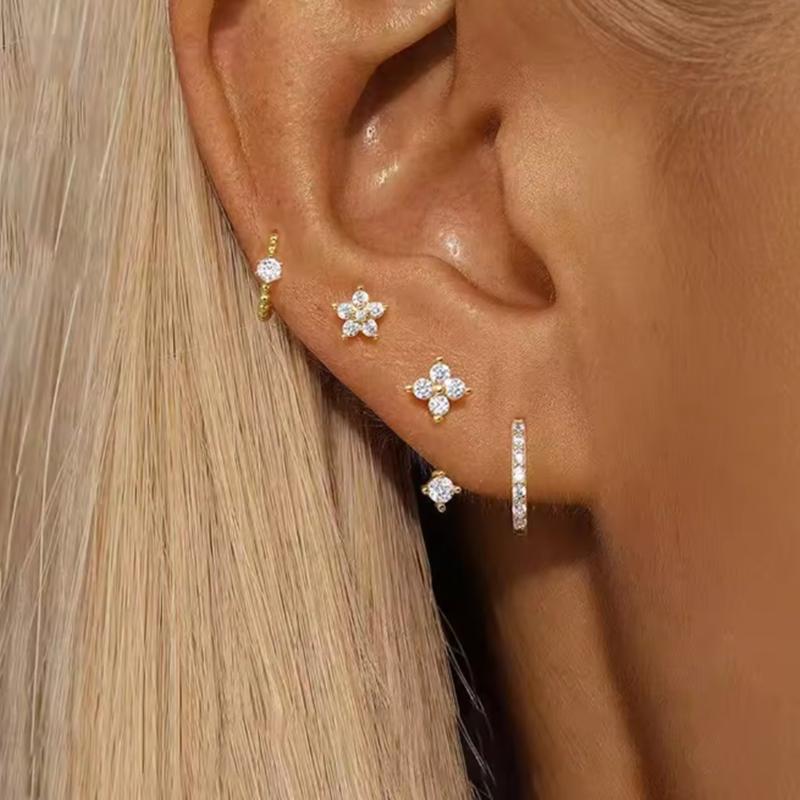 4PCS Fashion Zircon Round Hoop Earring Set Women Temperament Flower Ear Stud Huggie Earring Tragus Piercing Cartilage Jewelry