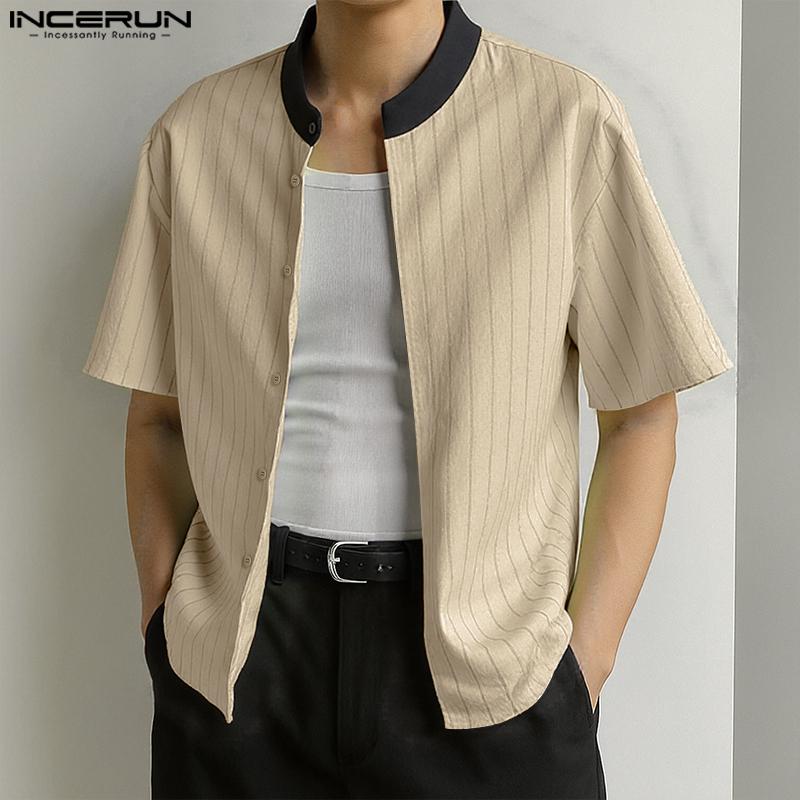 

INCERUN Men Splicing Collarless Short Sleeve Striped Casual Shirts S зелений