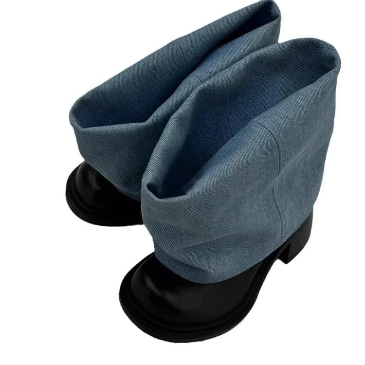 Fashion Fashionable Black Blue Denim Shorts Pants Boots New Thick Bottom Retro Round Head Thick Heel Wrinkled Lazy Ankle Boots Size 43