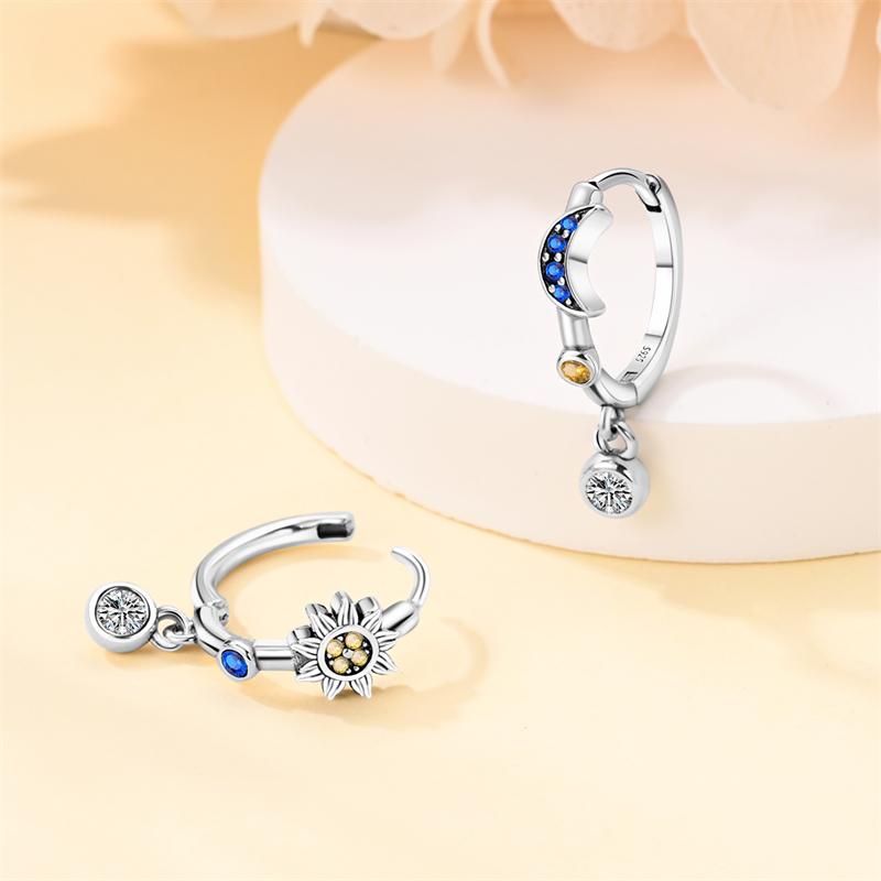 925 Silver Blue Zircon Dreamcatcher Feather Star Moon Cute Claw Hoop Earrings For Women Fine Birthday Jewelry Gifts