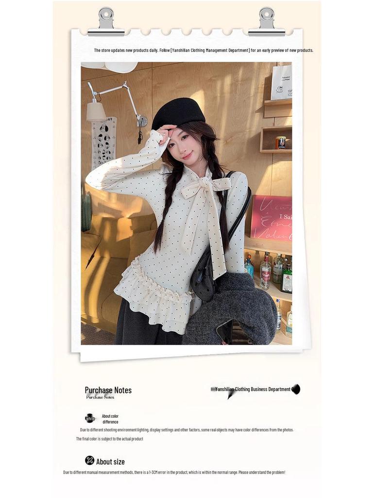 Korean Sweet Bow Tie Ruffle Polka Dot Women's Thermal Slimming T-shirt for Autumn/Winter