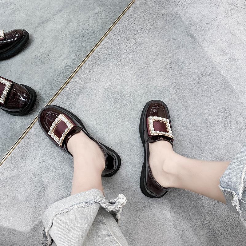 Modne Małe Lakierowane Buty Damskie Kryształowa Klamra Baleriny Kobieta Gruby Niski Obcas Oxford Lolita Biuro Sukienka Mokasyny Damskie Mary Janes