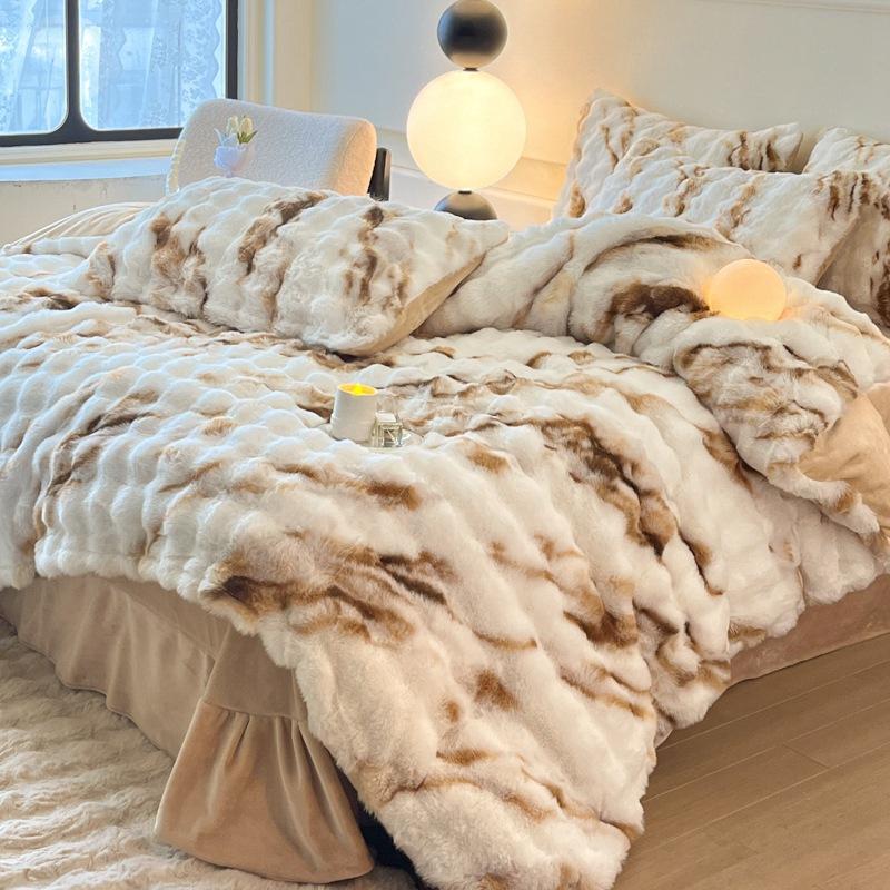 Rabbit Fleece Four-Piece Light Luxury Thickened Milk Fleece Bed Warm Double-Sided Fleece Quilt Cover Mattress Model