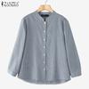 ZANZEA Womens Casual Stand Collar Loose 3/4 Sleeve Stripe Blouse