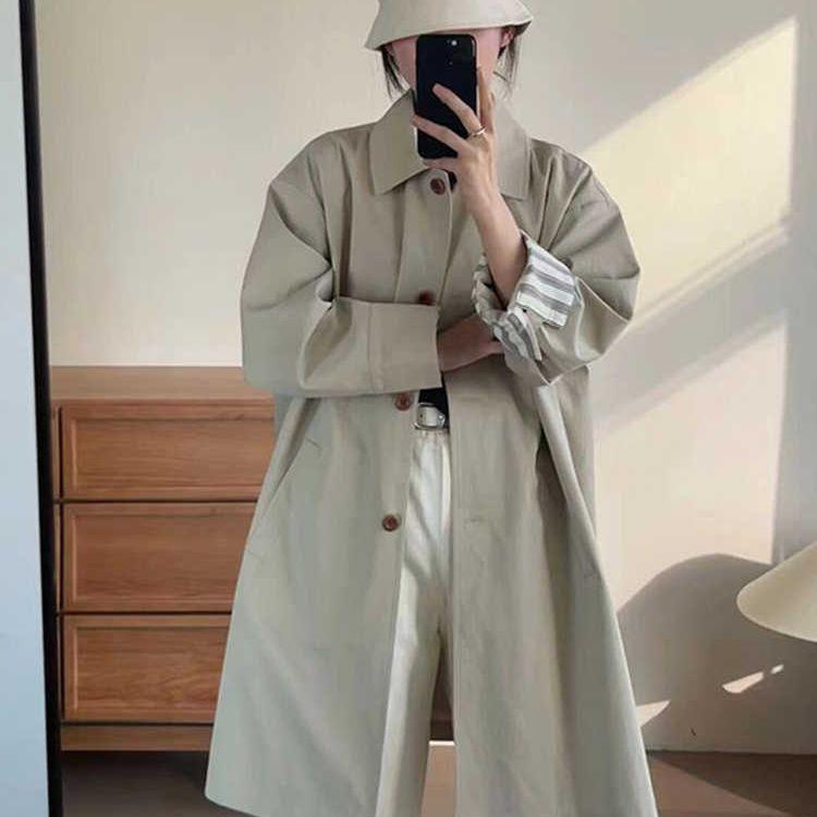 Women's Long Windbreaker Jacket Spring New Style Patchwork Japanese Style Medium Long Coat
