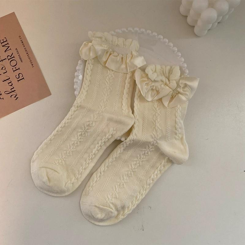 

Белые атласные кружевные носки-трубы Bubble - тонкие, весна/лето, принцесса JK Lolita Style для женщин One Size бежевый