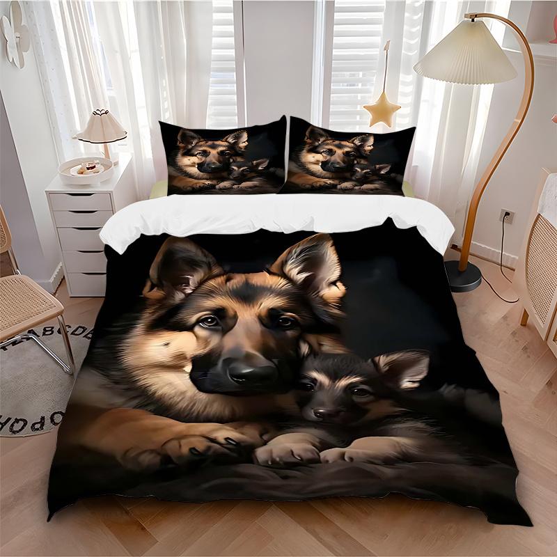 3pcs German Shepherd Dog Family Bedding Set - Includes One Quilt Cover and Two Pillowcases (No Core) - Home Decor Gift for Anime Lovers - Polyester Fa