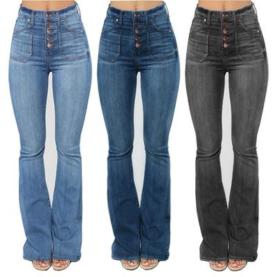Fashion Ladies Jeans Patch Pockets Washed Studded Button Thin Denim Trousers Women
