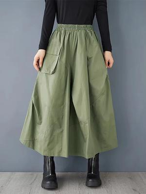 Loose Fitting Solid Color Elastic Waist Ankle-length Pants New Patchwork Irregular Pocket Autumn Women Trousers GMM1098