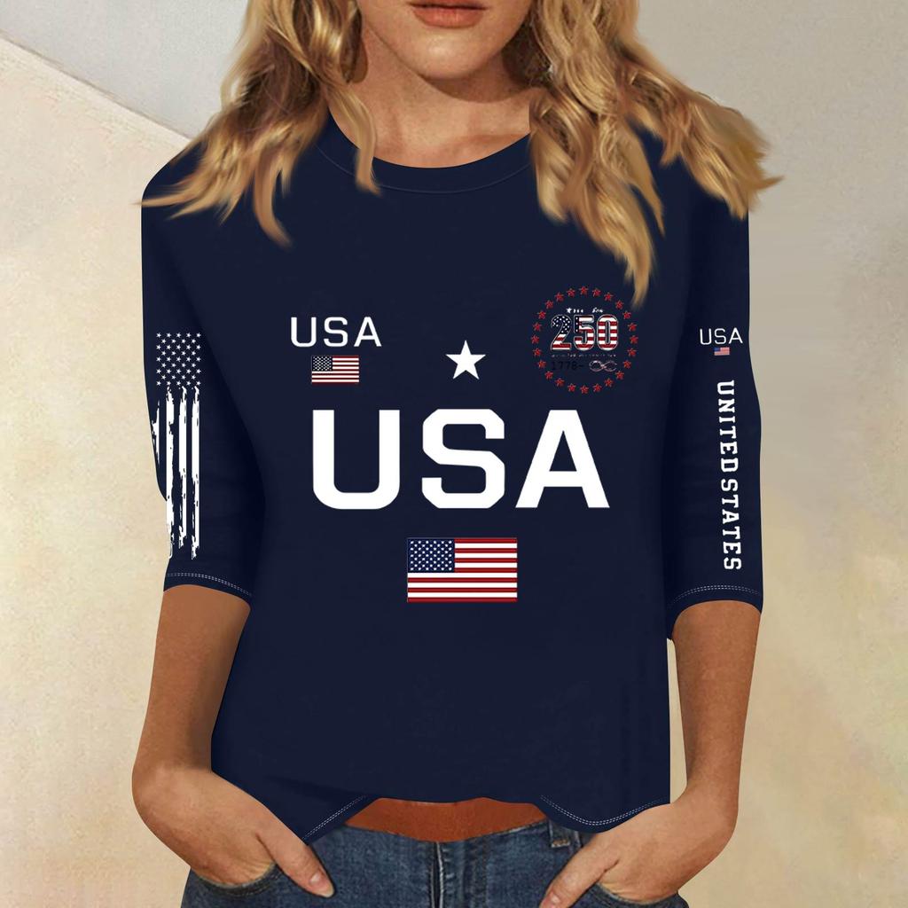 3/4 Sleeve Tops For Women T-Shirt Casual  Print Tops T Shirt Round Neck Pullover Blouse