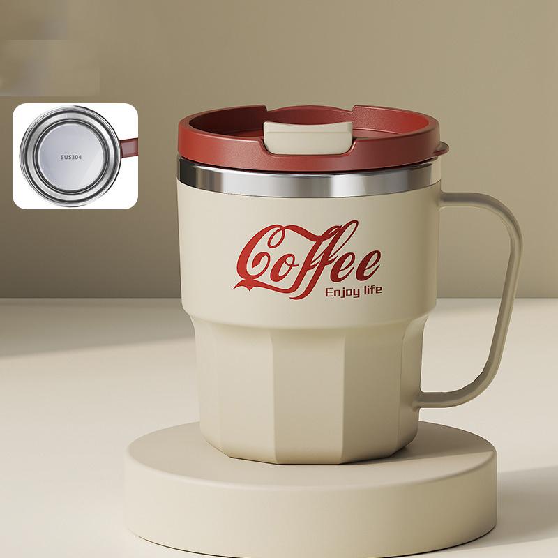 Kaffemugg i 304 rostfritt stål med lock Spilltät Återanvändbar Hemmakontor Dubbelväggig Isolerad Vakuum Vattenkopp Bärbar Resemugg