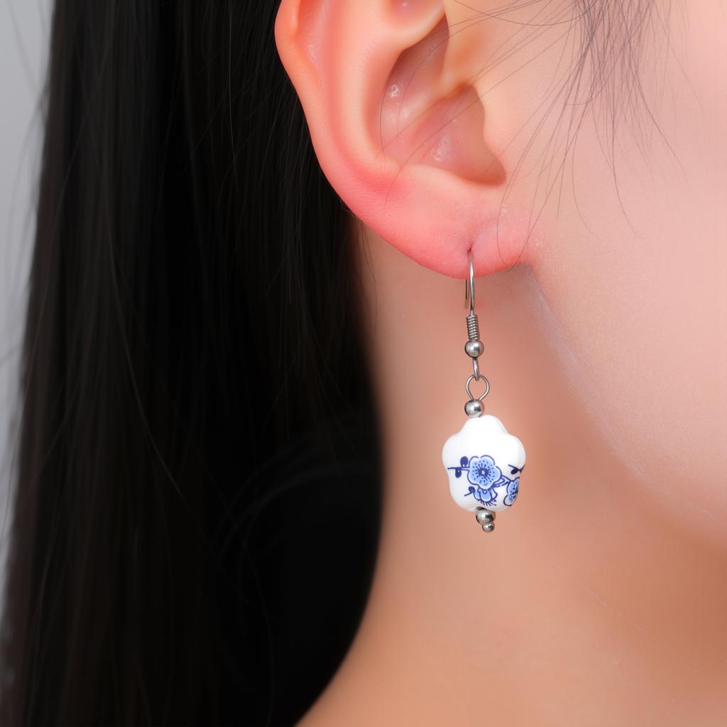COOLTIME Plum Blossom Earrings Chinese Vintage Style Blue And White Porcelain Five-Petaled Trendy Earrings for Women