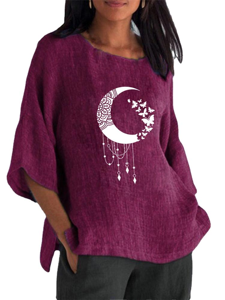 

Women Fashion Cotton Linen Blouse Spring&summer Round Neck 3/4 Long Sleeve Shirt Ladies Pullover Loose Tops 5XL