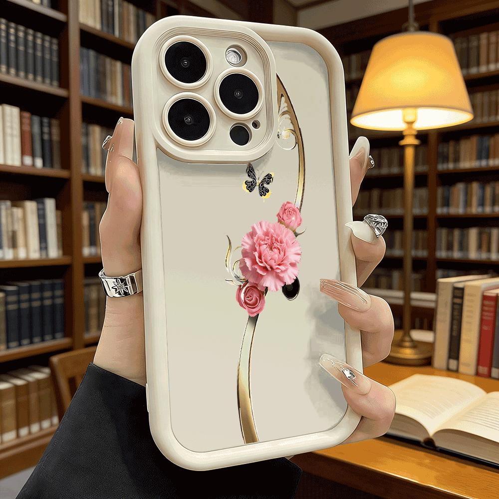 Pink Carnation Golden Swirls Luxury Anti-Slip TPU Phone Case For Xiaomi Redmi Note 15 14 13 12 11 10 9 Pro Full Protective Cover