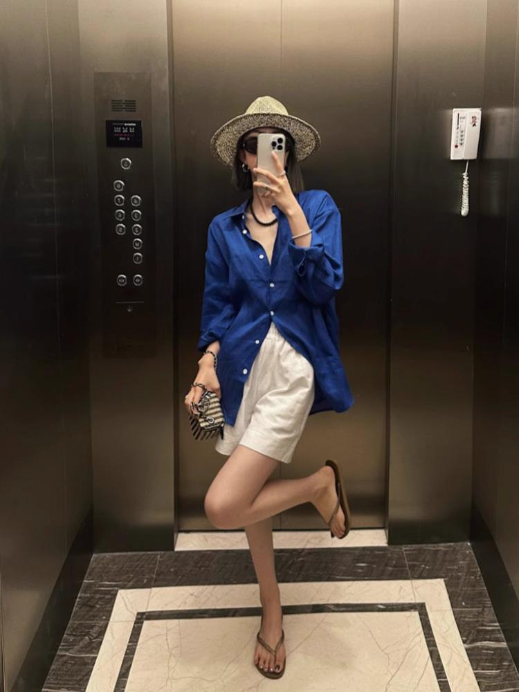 Women's Loose Cotton Linen Summer Sun Protection Shirt - White, Long Sleeve Cardigan