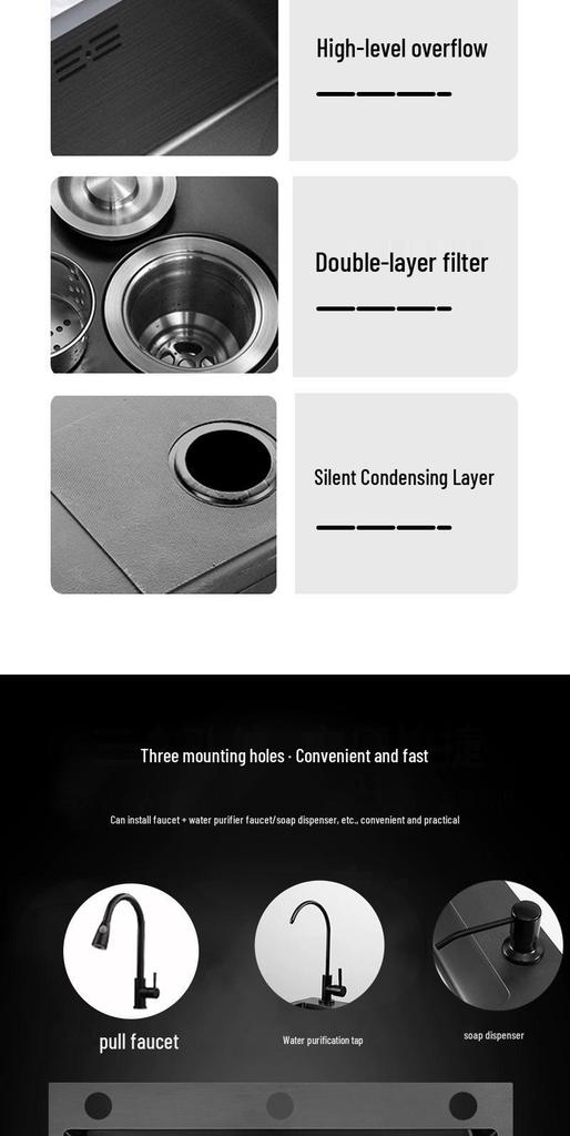 Stainless Steel Black Nano Large Single Bowl Kitchen Sink for Vegetables, Dishwashing, and Handwashing, Thickened Handmade Design
