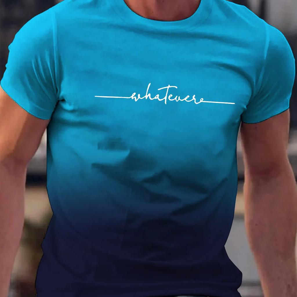 Summer Outing Whatever Print Gradient Crew Neck T-shirt For Men Trendy Casual Short Sleeve Top Men's Tee Ropa De Hombre