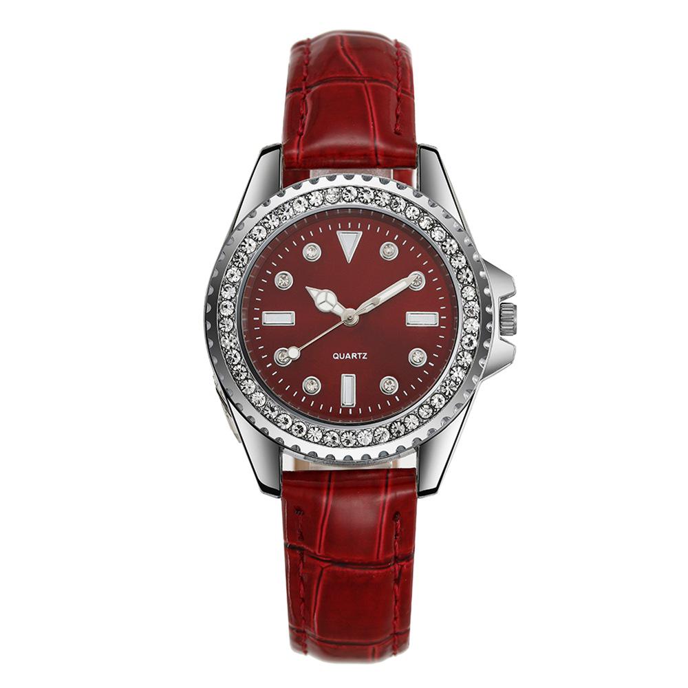 New Women s Trendy Green Leather Strap Quartz Watch with Rhinestone Dial