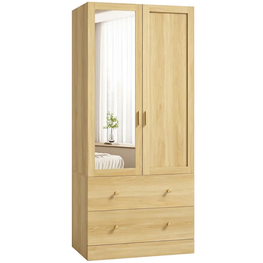 Bedroom Wardrobe with Mirror, 2 Doors, 2 Drawers, Hanging Rail, 80 x 50 x 180 cm, Oak