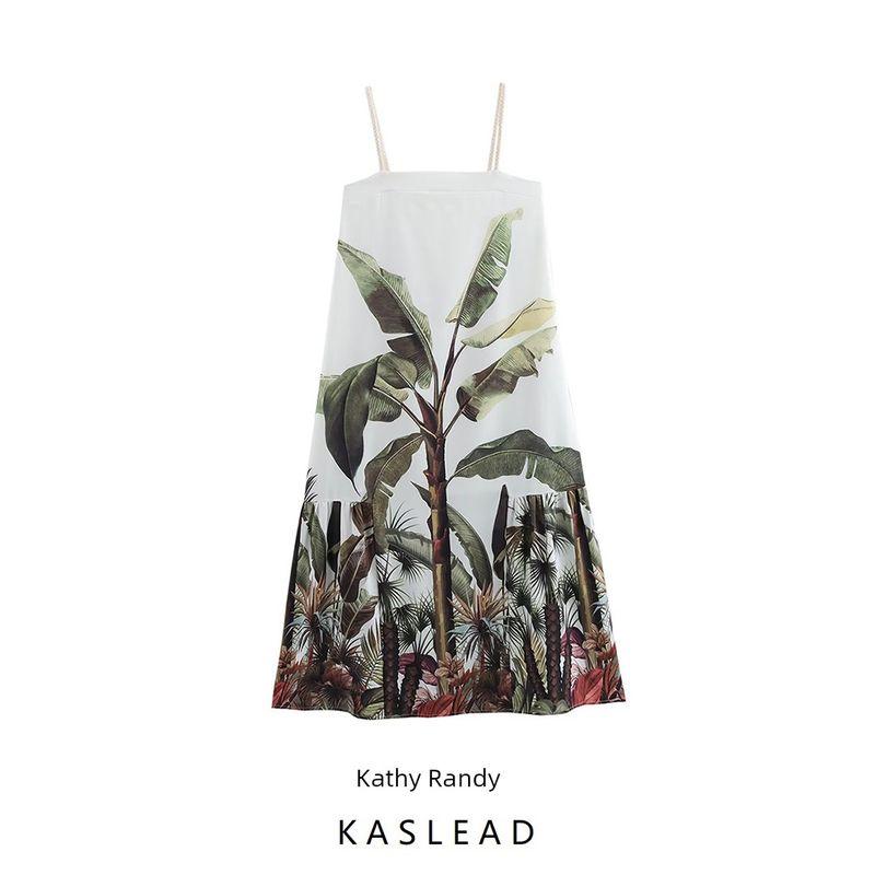 Kaslead New Arrival Women's Clothing Fashion Style Fashion Coconut Tree Print Vacation Style Sling Dress
