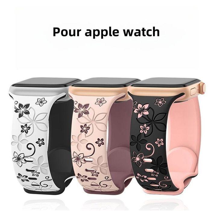 Bracelet for Apple Watch Series Ultra 2/3, 11, 10, 9 8 SE 7 6 5 4 3 2 1 46mm-45mm-44mm-42mm-49mm, Silicone Flower Pattern - Pink