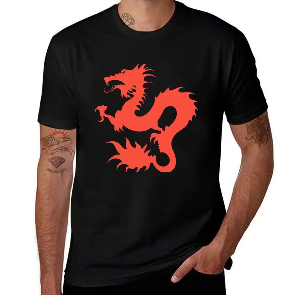 Men's Cotton T-Shirt  Cool Red Dragon Graphic Print  Casual Crew Neck Short Sleeve Tees for Dai