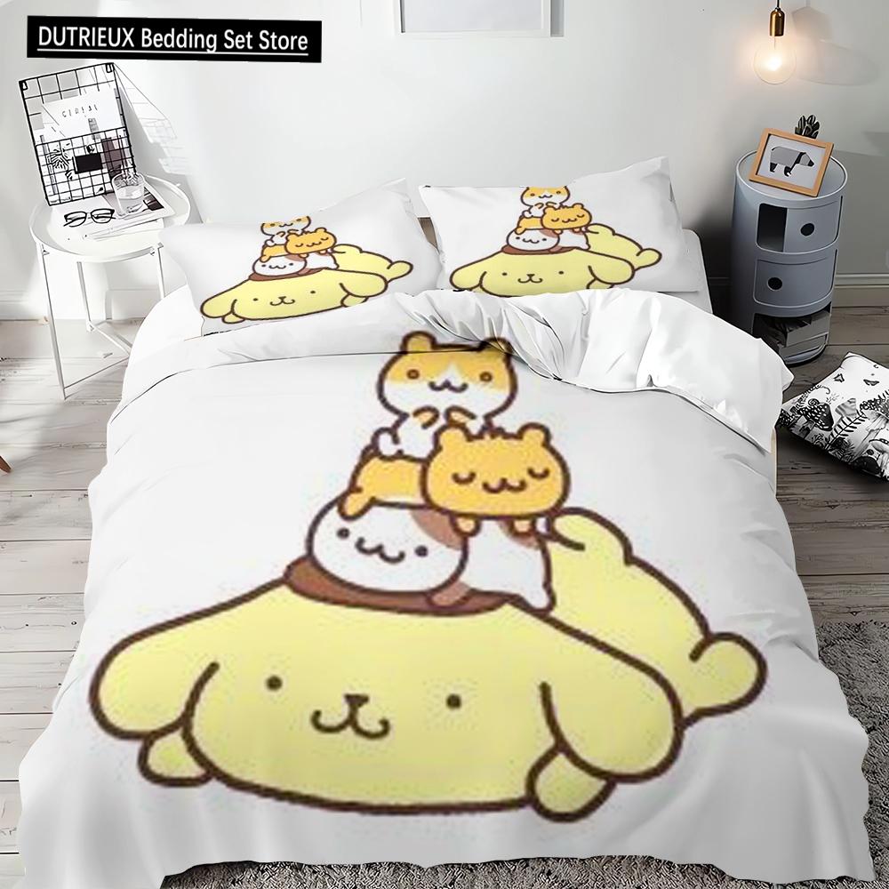 2pcs, 3pcs, Pompompurin Single Double Bed King Size Microfiber Needlework Bedding Pillowcase Quilt Cover Multi-piece Set