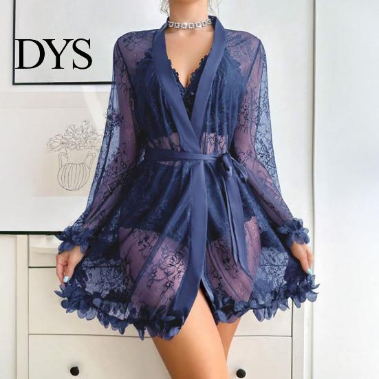 See Through Sleepwear Sexy Mesh Set, Women Lace Kimono Robe with Sheer Bra & Panty, Three Piece Nightgown for Ladies Nightwear
