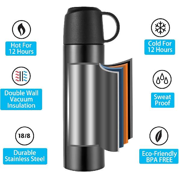Stainless Steel Water Bottle - Insulated Vacuum Flask with Leakproof Lid & Cup, Double Walled Sport Travel Mug Keeps Hot & Cold